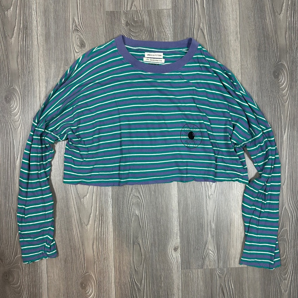Urban Outfitters Upcycled Purple and Teal Striped Cropped Long Sleeve Top - Picture 2 of 7